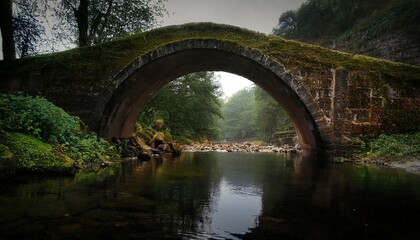 Fototapeta premium Un tranquilo canal está conectado por un antiguo puente de piedra cubierto de musgo, hiperealista, 4k