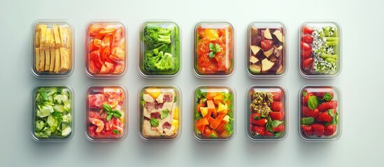 Fototapeta premium Healthy bento lunch boxes arranged in two rows showcasing colorful fresh ingredients in transparent containers on a light background
