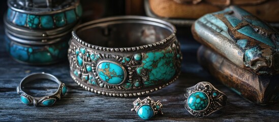Vintage Southwestern jewelry display showcasing a large turquoise cuff bracelet centered, with antique turquoise ring and earrings in blue and silver tones.