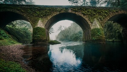 Fototapeta premium Un tranquilo canal está conectado por un antiguo puente de piedra cubierto de musgo, hiperealista, 4k