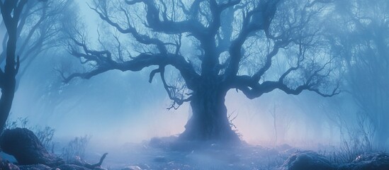 Naklejka premium Enigmatic ancient tree in a misty forest.