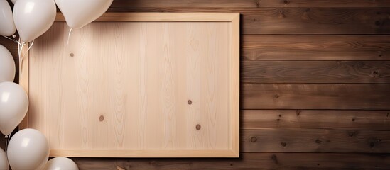 Blank wooden picture frame on a rustic background with white balloons on the left, creating a serene atmosphere for a baby shower celebration.
