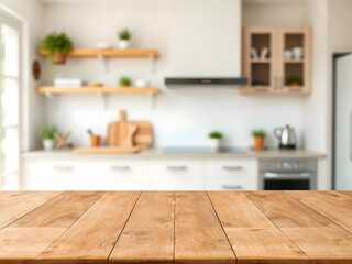  Wooden Tabletop with Blurred Kitchen Counter and Window Background Creating a Neutral Design Layout