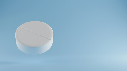 3d model of a white round tablet on a blue background, medicine