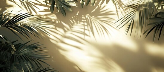 Soft green tropical palm shadows cast on a warm beige wall creating a serene and calming atmosphere in an interior setting.