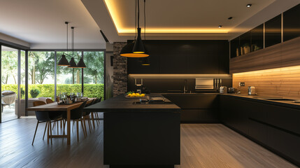 Spacious kitchen with dark wood and black elements, flooded with natural daylight for a refined look-4