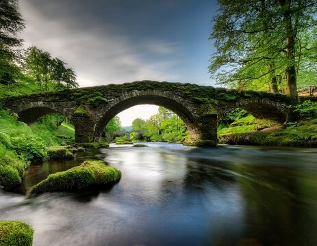 Un tranquilo canal est&aacute; conectado por un antiguo puente de piedra cubierto de musgo, hiperealista, 4k