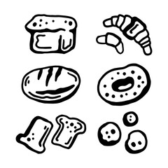 Vector black and white icons of bread products on a white isolated background