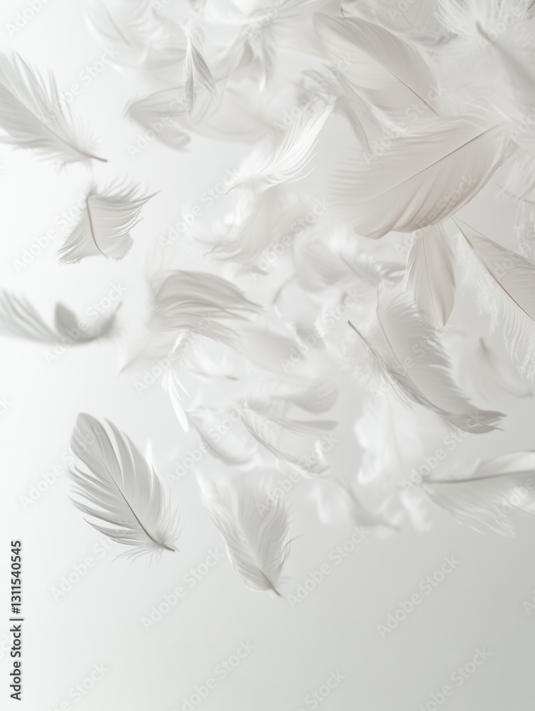 Poster soft white feathers drifting gracefully on a serene white background showcasing a tranquil dreamlike