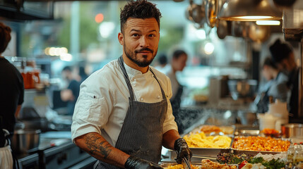 chef demonstrating proper food handling techniques in busy kitchen, showcasing culinary skills and professionalism