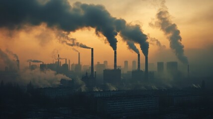 Factory smokestacks releasing thick black smoke into the sky, symbolizing industrial pollution and environmental impact.