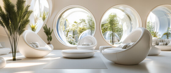 Spacious lounge area with spherical designs, sleek furniture, and natural light for relaxation-1