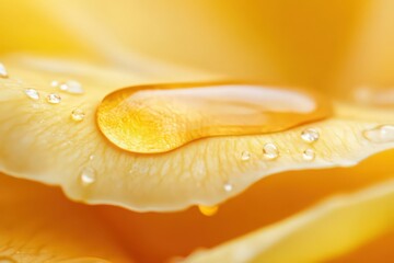 Close-up of Yellow Rose Petal with Water Droplets and Glistening Liquid