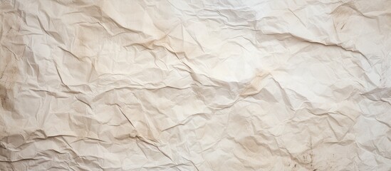 Obraz premium Textured crumpled beige paper background with soft shadows and subtle stains in top center, ideal for vintage designs and craft projects.