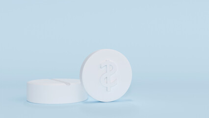Two white medical pills and one has a dollar sign on it, the pills are on a blue background, the medicine