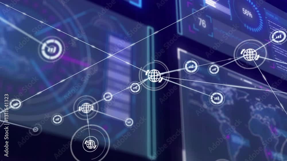 Poster digital interface background with network connections and data processing animation