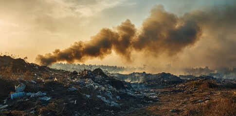 Smoke from a burning waste dump rising into a clear blue sky, highlighting environmental pollution concerns.