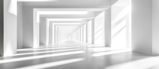 Fototapeta premium Bright white gallery interior featuring long perspective lines, sunlight casting soft shadows across the floor, creating an airy and spacious ambiance.