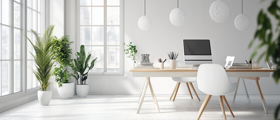 Stylish workspace featuring minimalistic furniture and floating geometric spheres, bright and airy ambiance-1