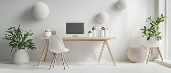 Stylish workspace featuring minimalistic furniture and floating geometric spheres, bright and airy ambiance-2