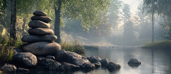 Serene stack of smooth zen stones beside tranquil river surrounded by lush green trees and soft morning light reflecting on water's surface.