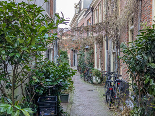 Tiny, but stylish road for pedestrians and for bicycle in Haarlem, Netherlands