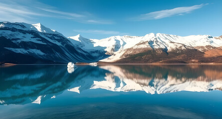AI generated crystal-clear glacier lake reflecting snow-capped mountains and pristine blue waters