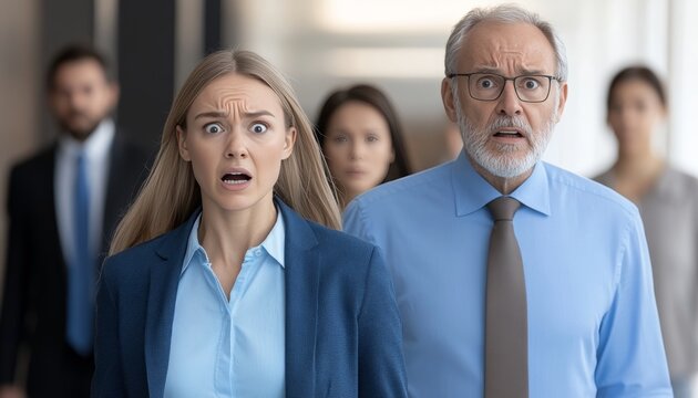 Shocked Businesspeople in Office, Panic, Stress, Negative Emotions, Company Crisis Concept