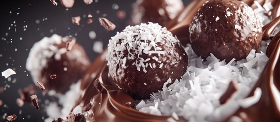 Nutritious vegan chocolate protein balls with coconut flakes on creamy chocolate background, highlighting their delicious and healthy appeal.