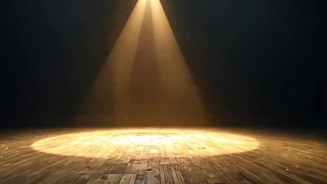 Single spotlight shining onto wooden stage floor in dark empty theater with dramatic lighting
