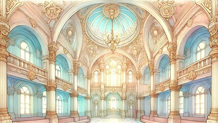 Obraz premium アールヌーボー風のメルヘンな色合いの神殿のイラスト