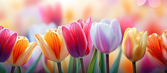 Fototapeta premium Colorful tulips in vibrant hues of pink, orange, yellow, and white arranged in the foreground with a blurred pastel backdrop creating a dreamy space.