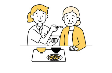 高齢女性の食事介助のベクターイラスト 介護士 老人ホーム