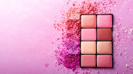 Vibrant pink makeup palette with nine shimmering shades on textured background
