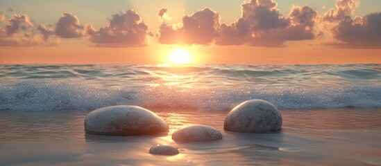 Tranquil sunset over calm beach featuring smooth stones arranged harmoniously in foreground with gentle waves lapping at shore in soft pastels