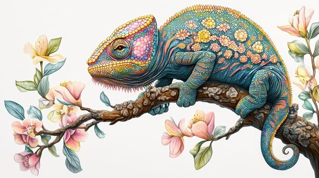 A chameleon perches on a branch, its vibrant hues of blue, green, pink, and yellow blending into intricate patterns. With alert eyes, it surveys its surroundings
