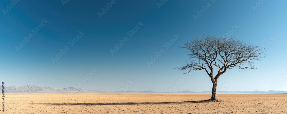 Poster climate change drought idea. solitary tree standing resilient in a vast, empty landscape under a cle