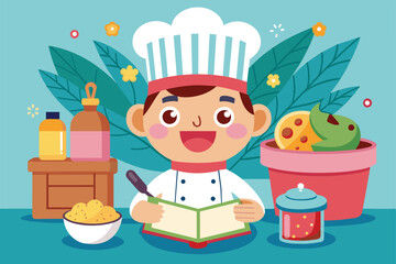 A happy chef in a cartoon style reviews a recipe book among colorful ingredients and kitchen tools, Recipe book Customizable Cartoon Illustration