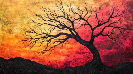 A striking silhouette of a barren tree against a vibrant sunset background.
