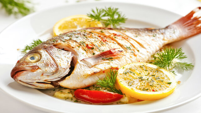Grilled dorade with lemon and herbs on white plate - delicious seafood dish