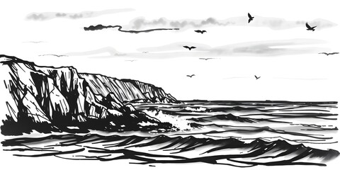 Fototapeta premium Coastal Ink Painting with Bold Black Lines and Soothing Ocean Waves