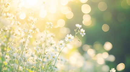Obraz premium Sunlit white daisies in bloom with soft bokeh background