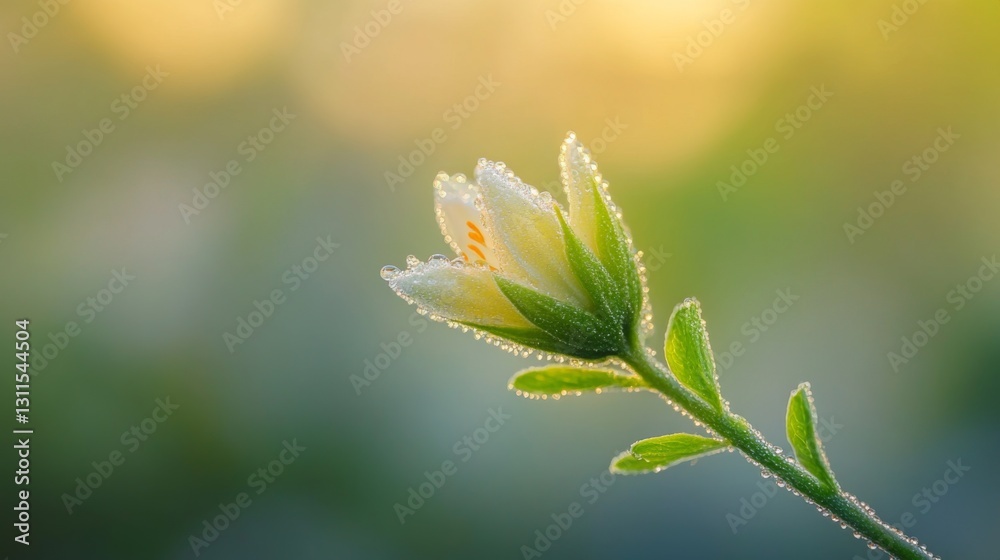 Poster an artistic composition of a single flower stem with dew-covered petals against a blurred background