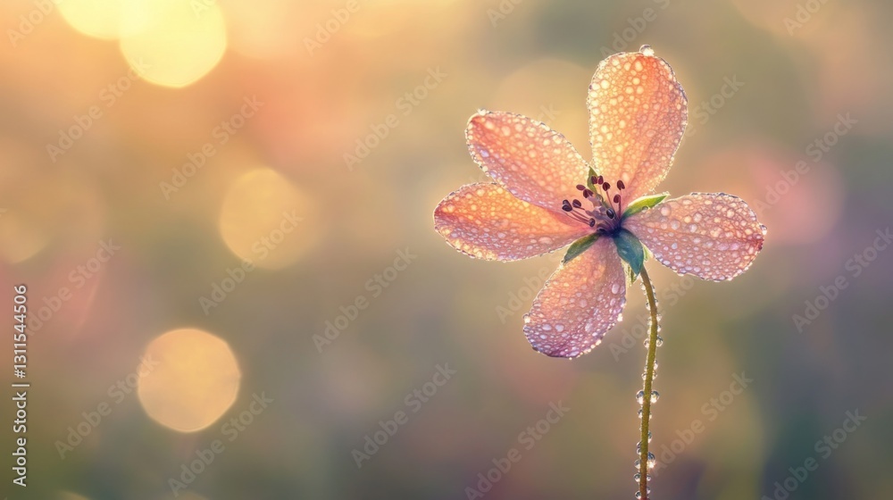 Poster an artistic composition of a single flower stem with dew-covered petals against a blurred background