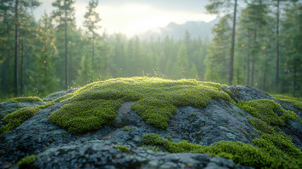 Fototapeta premium Fresh green moss blankets stones in a serene high-altitude forest morning