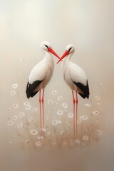 Elegant pair of storks interacting among delicate wildflowers in a serene, soft-focus landscape