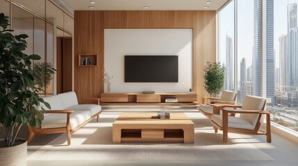 Modern living room with city view, ideal for showcasing a TV