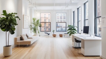 Naklejka premium Modern open-plan office space in a loft with large windows, ideal for showcasing furniture and work environment