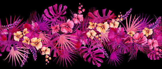 Hawaiian seamless pattern with tropical leaves. Watercolor Botanical illustration on a black background. © Елена Фаенкова