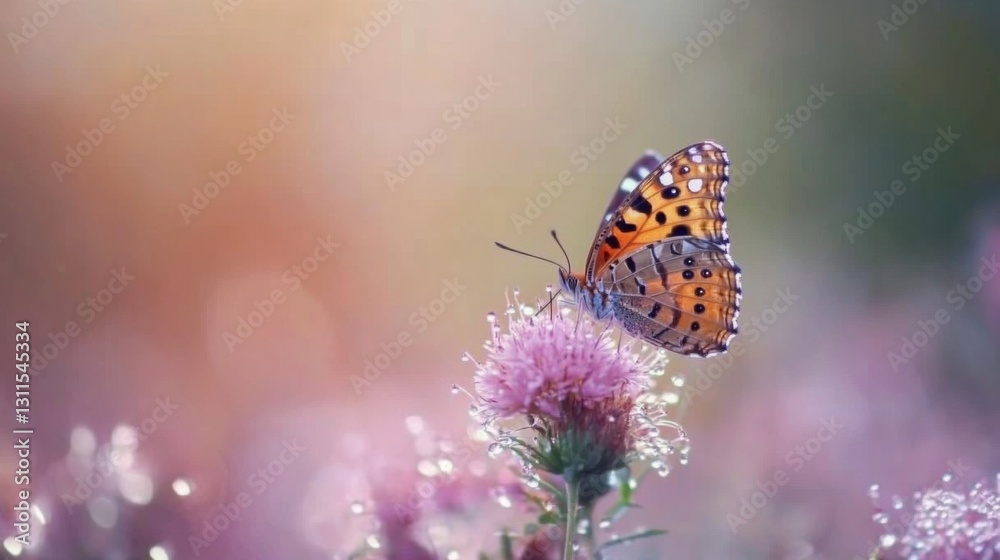 Poster A butterfly perched on a dew-covered flower, highlighting the delicate relationship between nature and its creatures, creating a captivating moment in the wild.